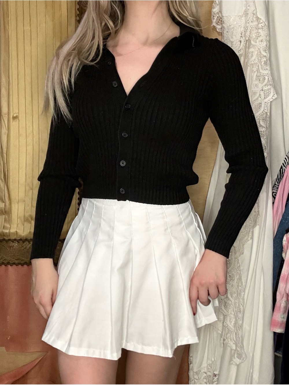 Brandy Melville Black Ribbed Button-Up Cropped Cardigan